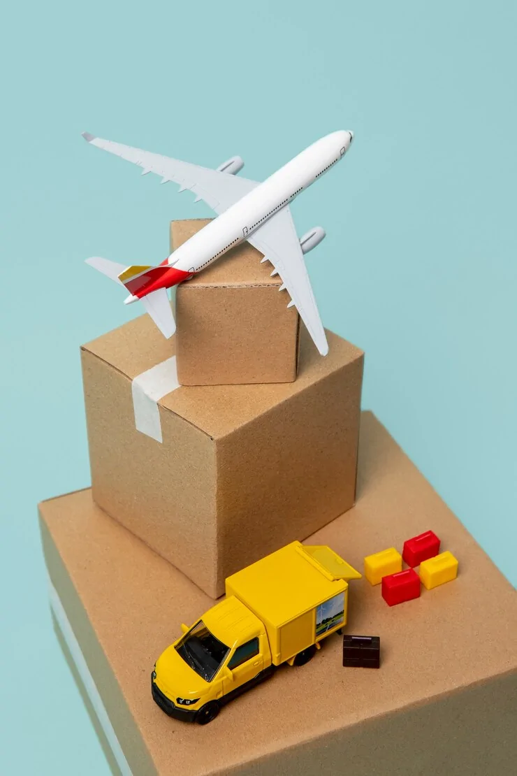 Boxes, delivery truck and airplane for return shipping services