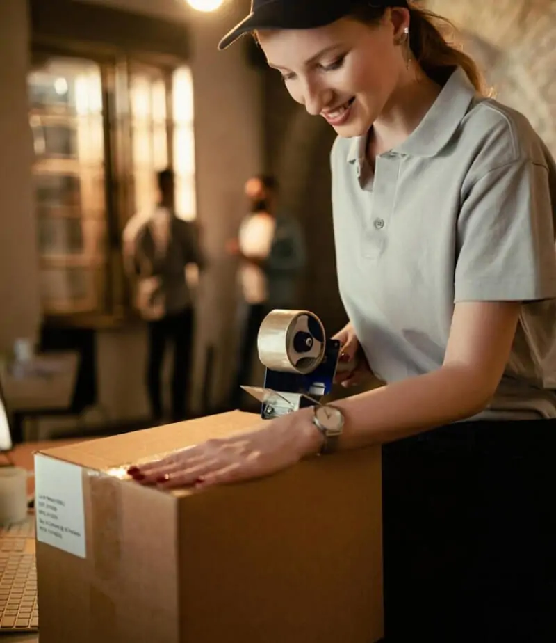 Woman preparing a package for Canada to US shipping