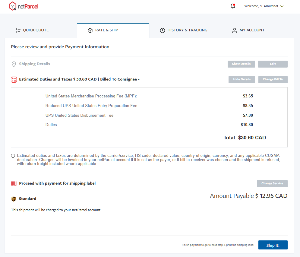 Expanded duties and taxes breakdown on payment page