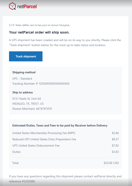 Shipment tracking email with estimated duties and taxes breakdown
