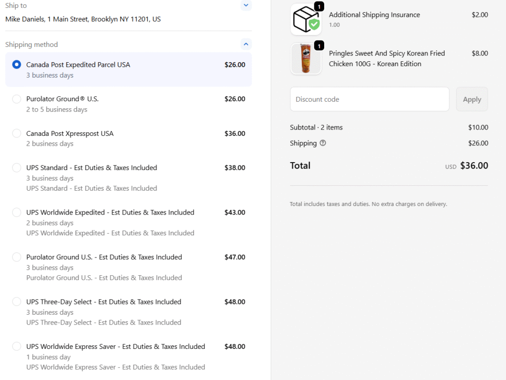 Shopify checkout showing shipping rates with duties and taxes