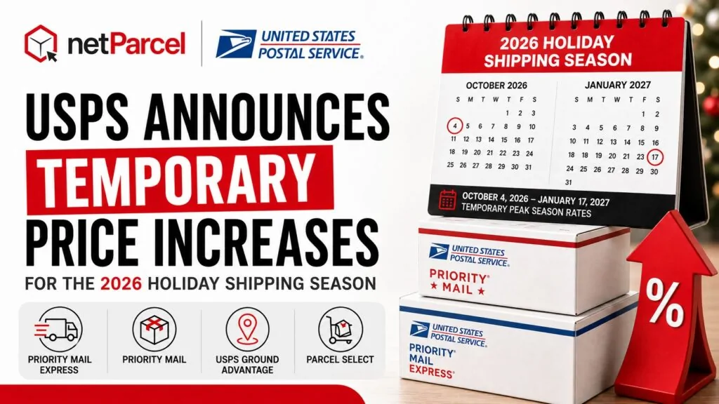 netParcel graphic: USPS temporary price increases for the 2026 holiday shipping season