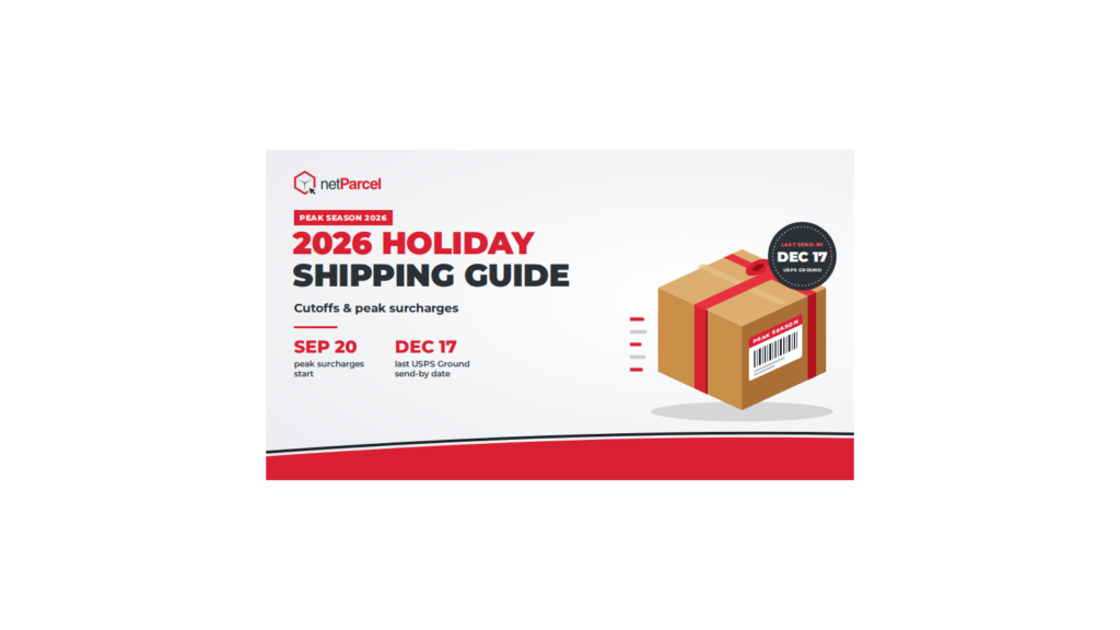 netParcel graphic: 2026 Holiday Shipping Guide, cutoffs and peak surcharges. Peak surcharges start September 20 and the last USPS Ground send-by date is December 17.