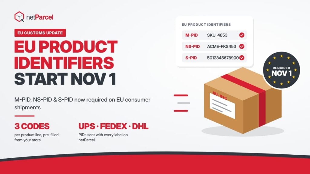 netParcel graphic: EU product identifiers (M-PID, NS-PID, S-PID) required starting November 1