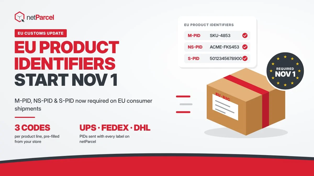 netParcel graphic: EU product identifiers (M-PID, NS-PID, S-PID) required starting November 1