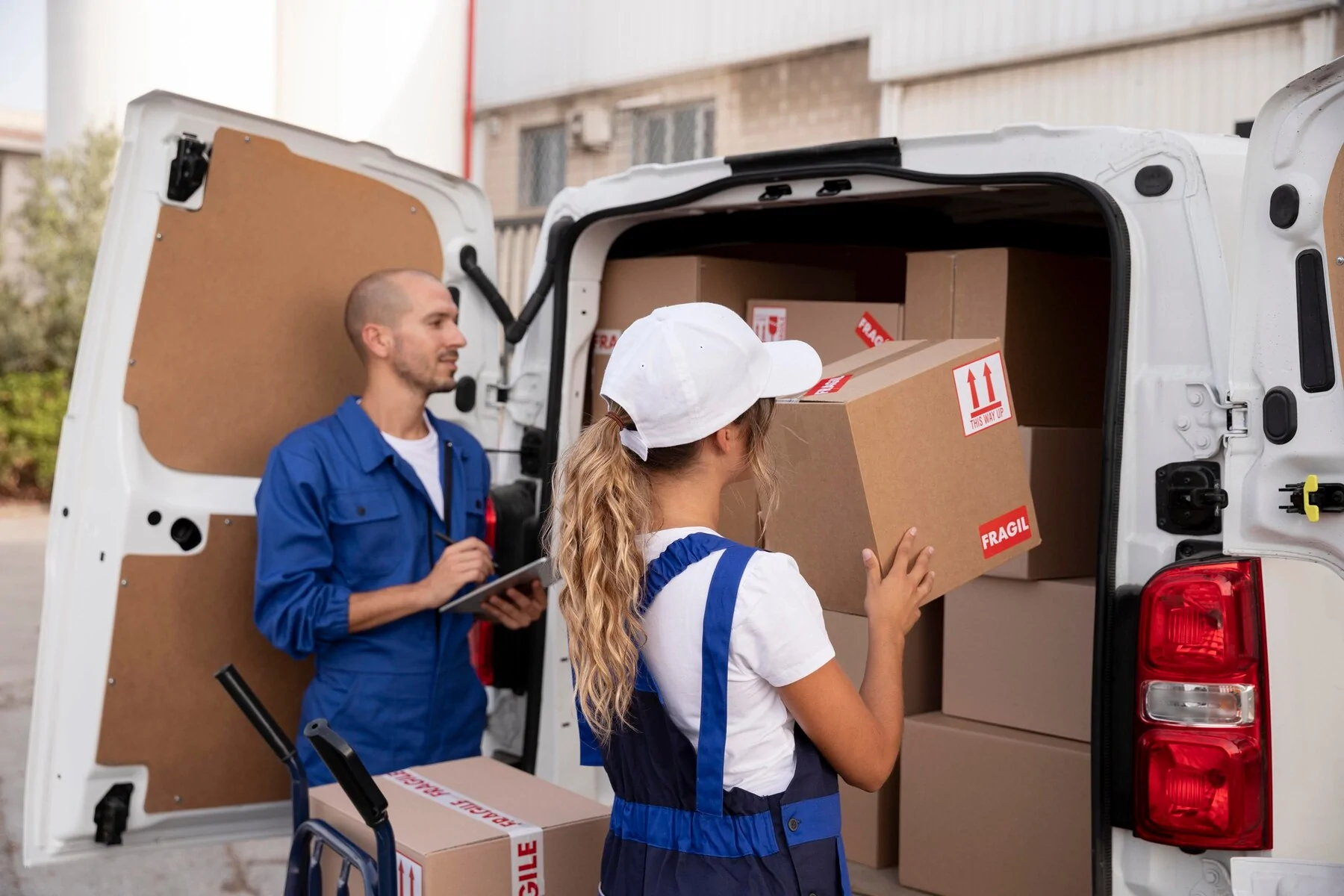 Delivery workers preparing packages for cost-effective shipping
