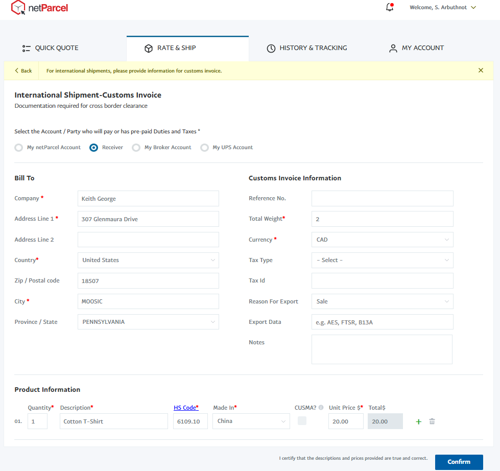 Customs invoice form for international shipping and duties