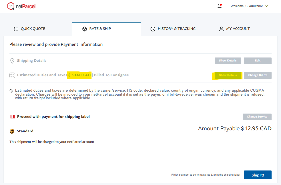 Payment confirmation page with estimated duties and taxes